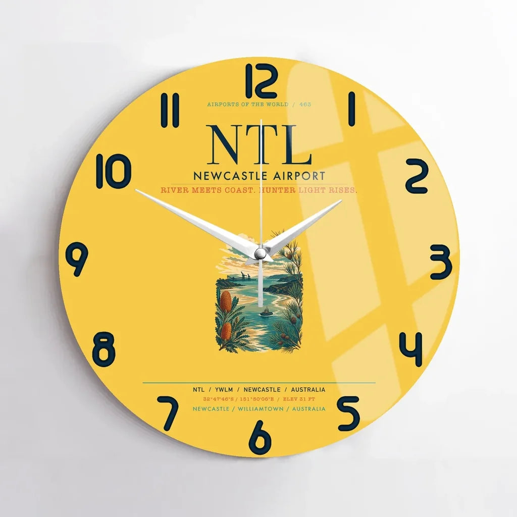 Newcastle Airport (NTL) design on yellow no frame wall clock