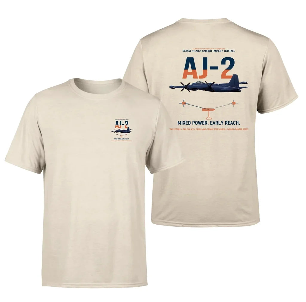 AJ-2 Savage Tanker design on beige double-side t-shirt, double-side print