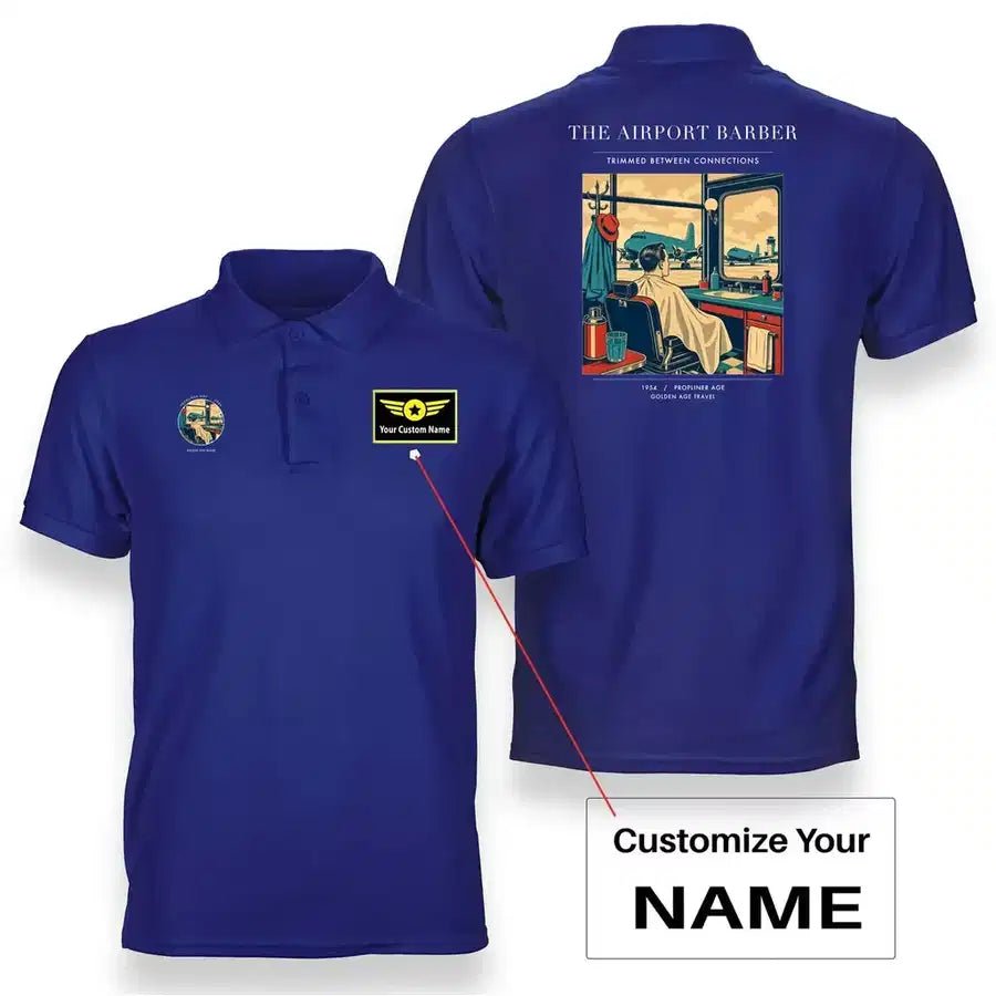 VINTAGE G4377 - The Airport Barber - Double-Side Polo T-Shirt design on blue+name