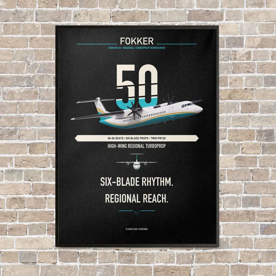 Fokker 50 vertical canvas print - framed - black background