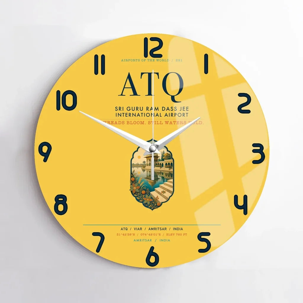 Sri Guru Ram Dass Jee International Airport Amritsar (ATQ) design on yellow no frame wall clock