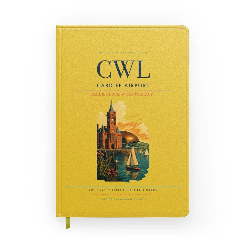Cardiff Airport (CWL) design on yellow notebook