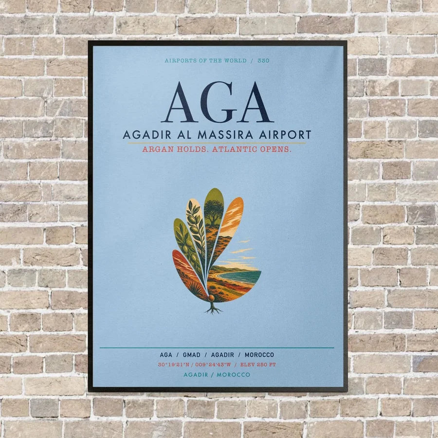 Agadir Al Massira Airport AGA vertical canvas print - framed - light blue background