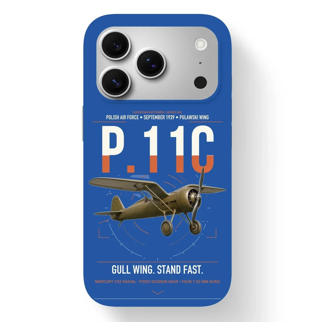 PZL P.11c design on blue magsafe iphone case, for iPhone 17 Pro