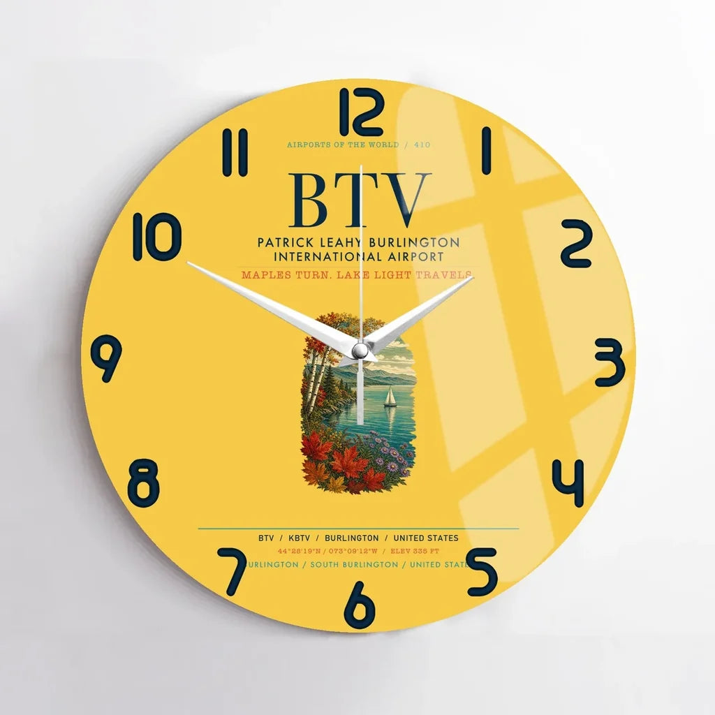 Patrick Leahy Burlington International Airport (BTV) design on yellow no frame wall clock