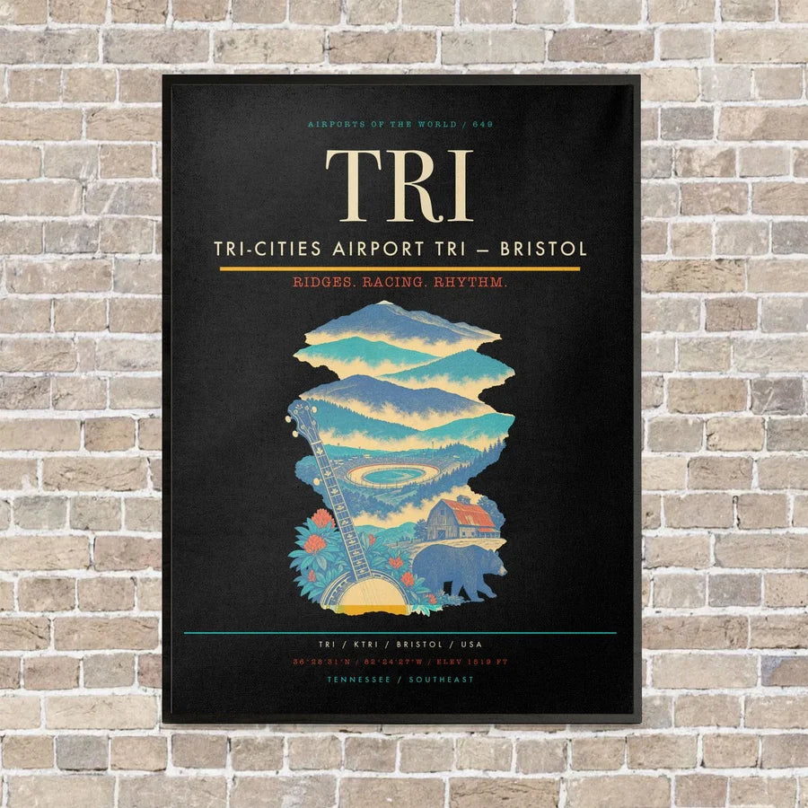 Tri-Cities Airport TRI — Bristol vertical canvas print - framed - black background