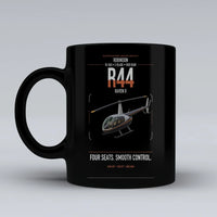 Thumbnail for Robinson R44 Raven II design on black ceramic mug, double-side print