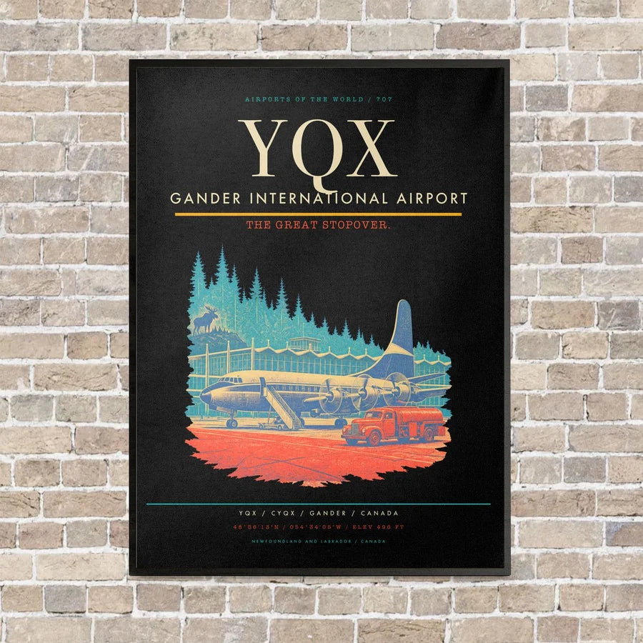 Gander International Airport YQX vertical canvas print - framed - black background