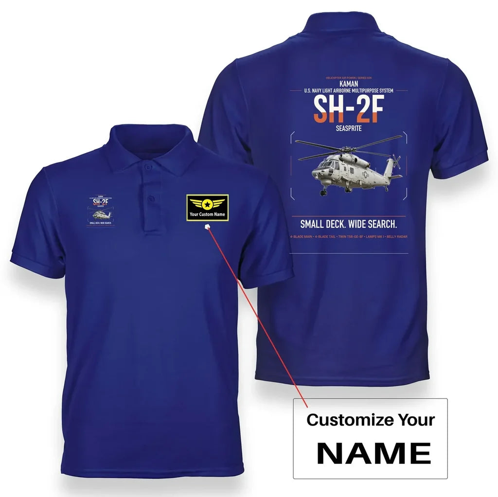 Kaman SH-2F Seasprite design on blue+name double-side polo t-shirt, double-side print