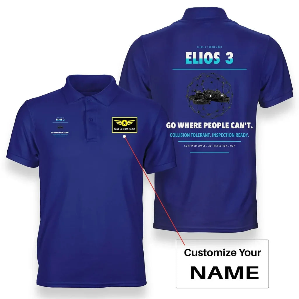 Flyability Elios 3 design on blue polo with custom name badge
