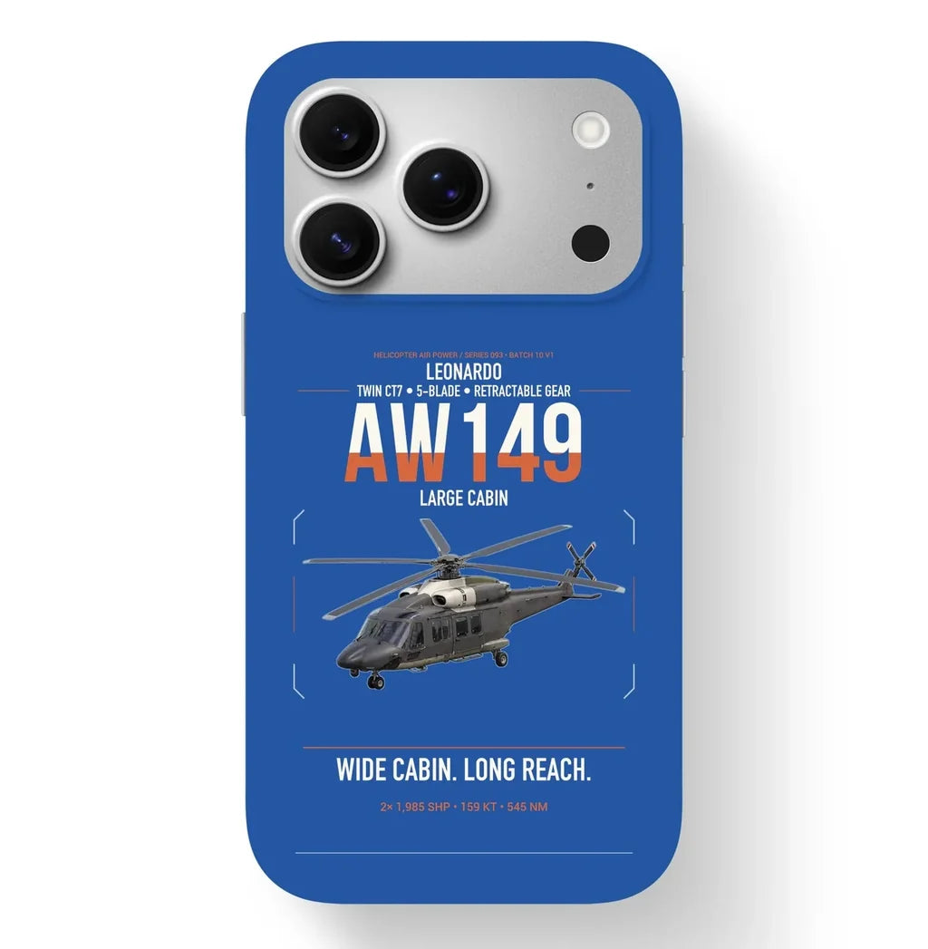 Leonardo AW149 design on blue magsafe iphone case, for iPhone 17 Pro