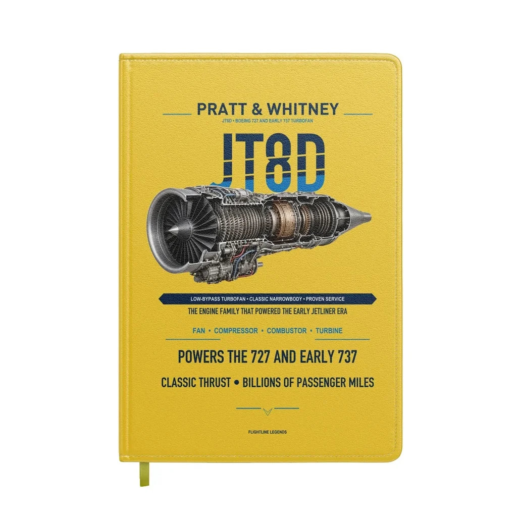 JT8D design on yellow notebook