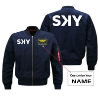 Thumbnail for SKY Airline aviation design with custom name embroidered on blue bomber jacket