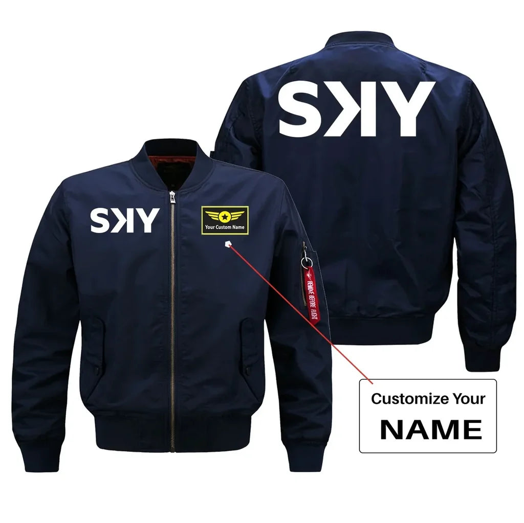 SKY Airline aviation design with custom name embroidered on blue bomber jacket
