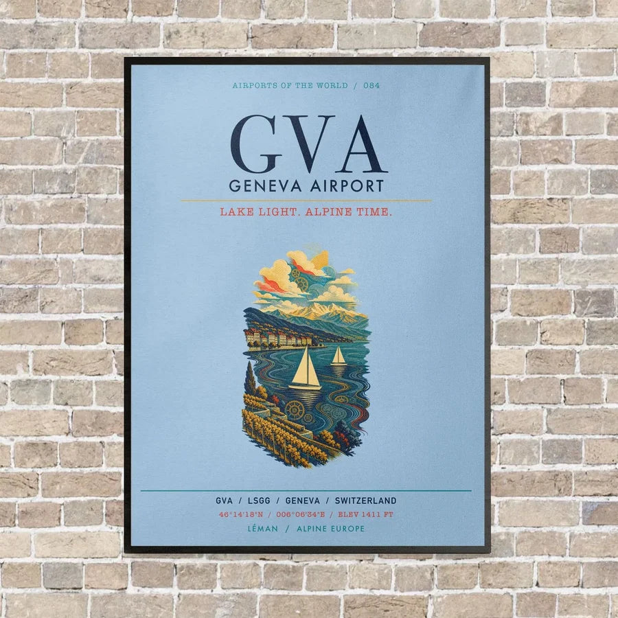 Geneva Airport GVA vertical canvas print - framed - light blue background