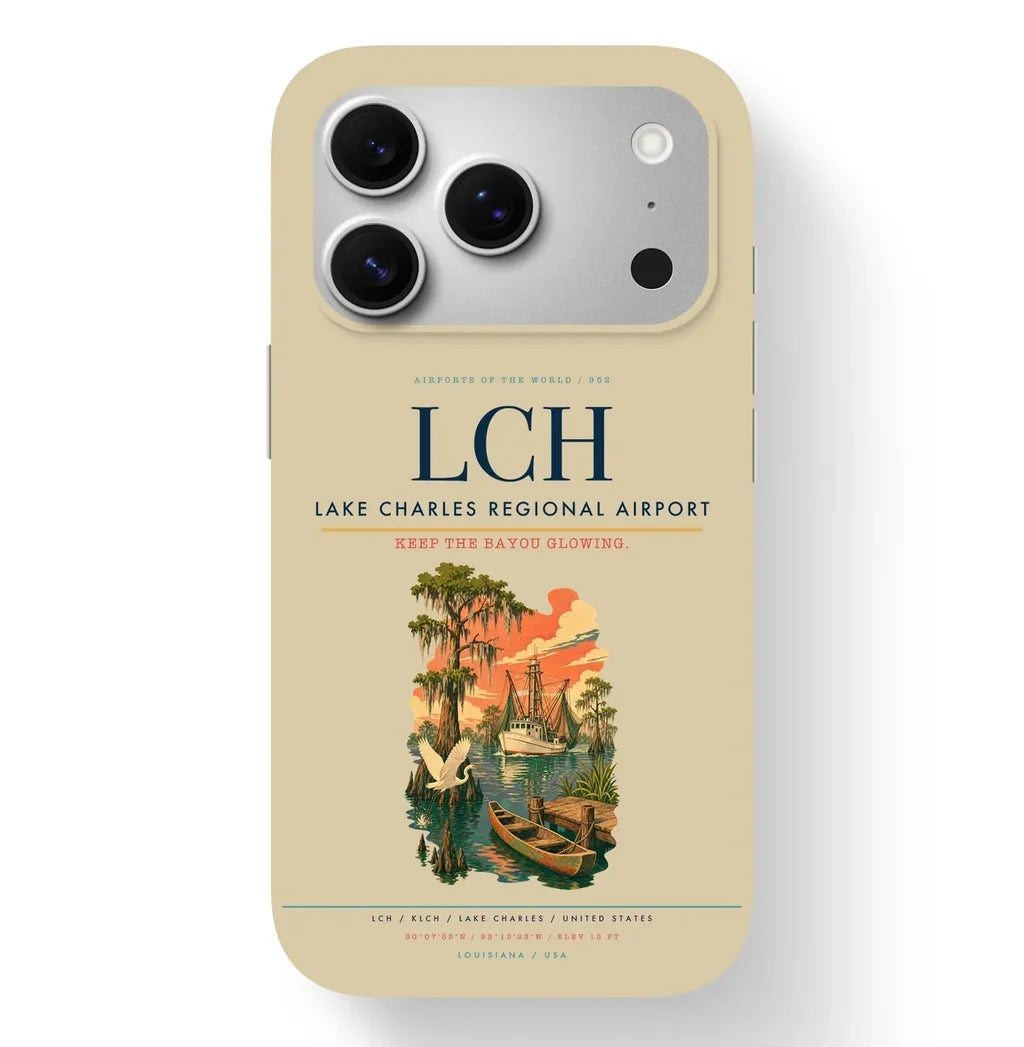 Lake Charles Airport (LCH) design on beige iPhone 17 Pro MagSafe case