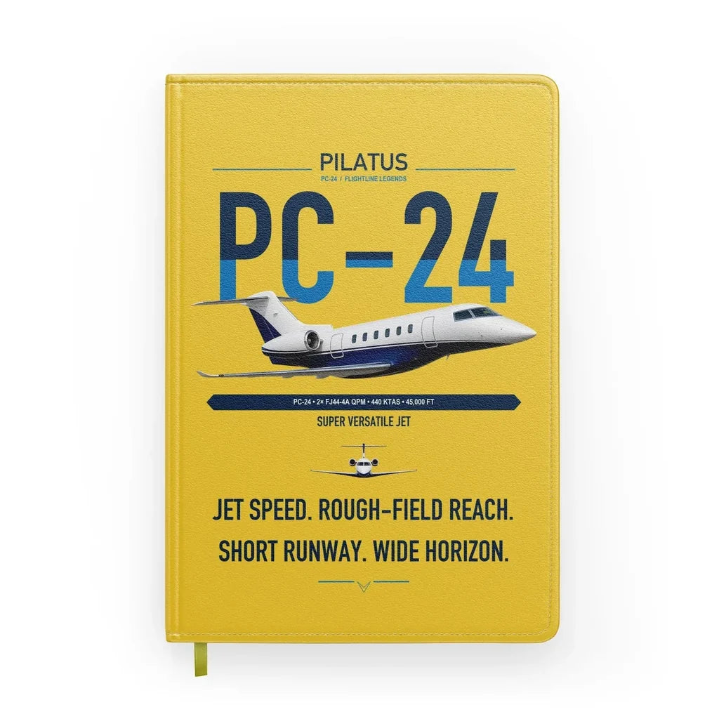 Pilatus PC-24 design on yellow notebook