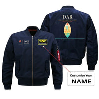 Thumbnail for Julius Nyerere International Airport (DAR) design on blue bomber jacket with custom name patch