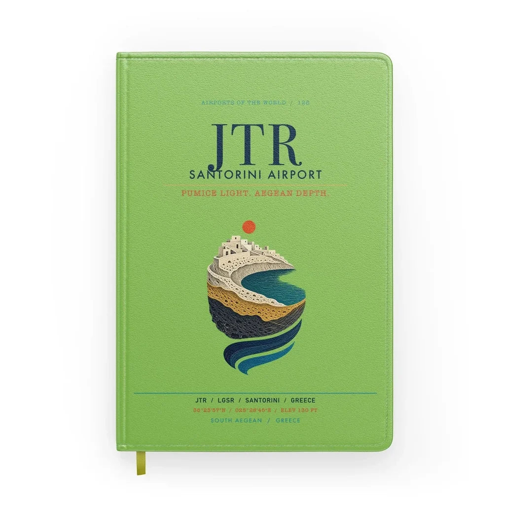 Santorini Airport (JTR) design on light green notebook