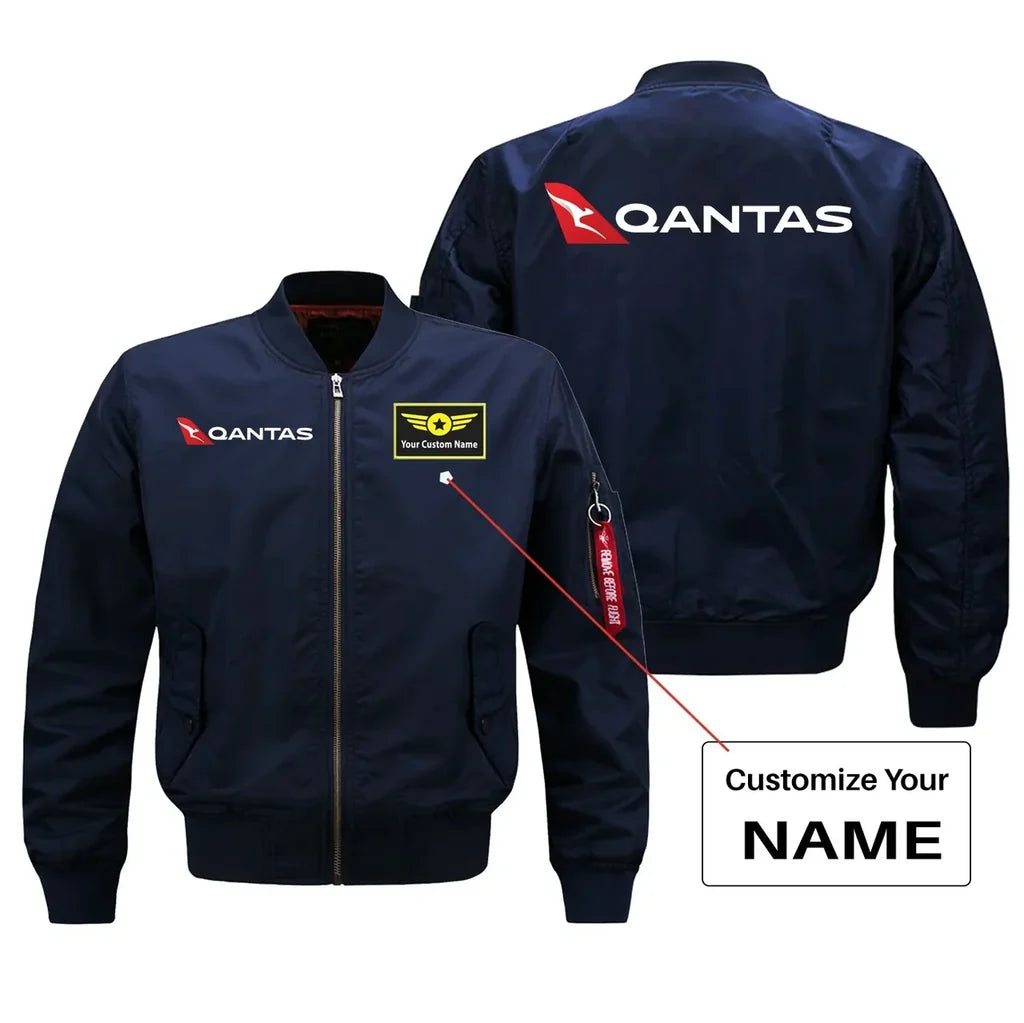 Qantas Airways Airlines aviation design with custom name embroidered on blue bomber jacket