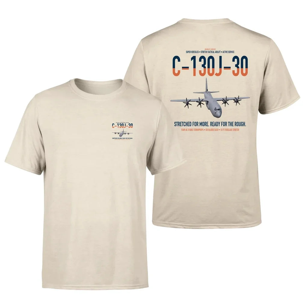 C-130J-30 Super Hercules design on beige double-side t-shirt, double-side print