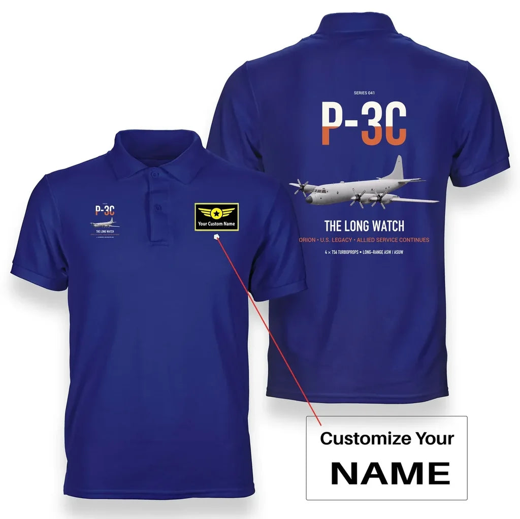 P-3C Orion design on blue+name double-side polo t-shirt, double-side print