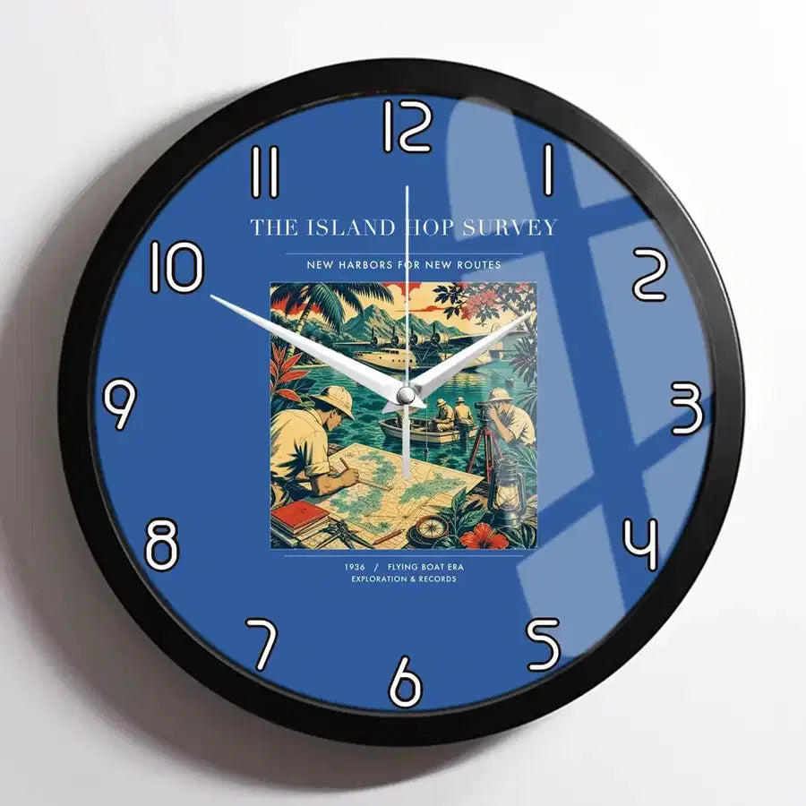 VINTAGE G4209 - The Island Hop Survey - Designed Wall Clocks design on blue framed