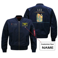Thumbnail for Leipzig–Halle Airport (LEJ) design on blue bomber jacket with custom name patch