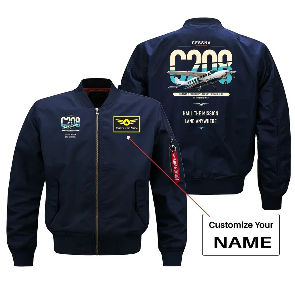 Cessna 208 Caravan design on blue+name bomber jacket, double-side print