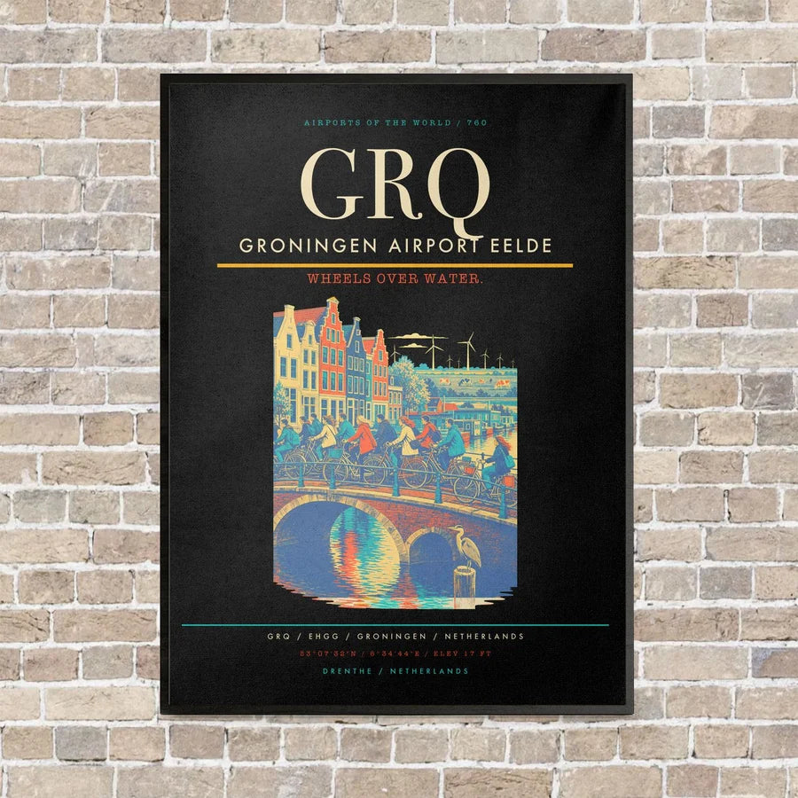 Groningen Airport Eelde GRQ vertical canvas print - framed - black background