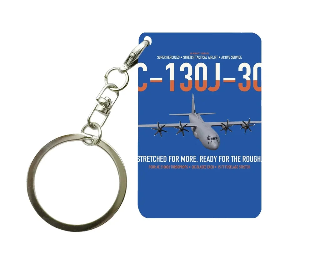 C-130J-30 Super Hercules design on blue designed key chain, double-side print