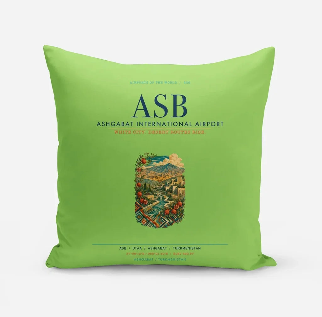 Ashgabat International Airport (ASB) design on light green pillow