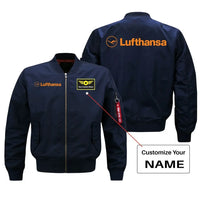 Thumbnail for Lufthansa Airlines aviation design with custom name embroidered on blue bomber jacket