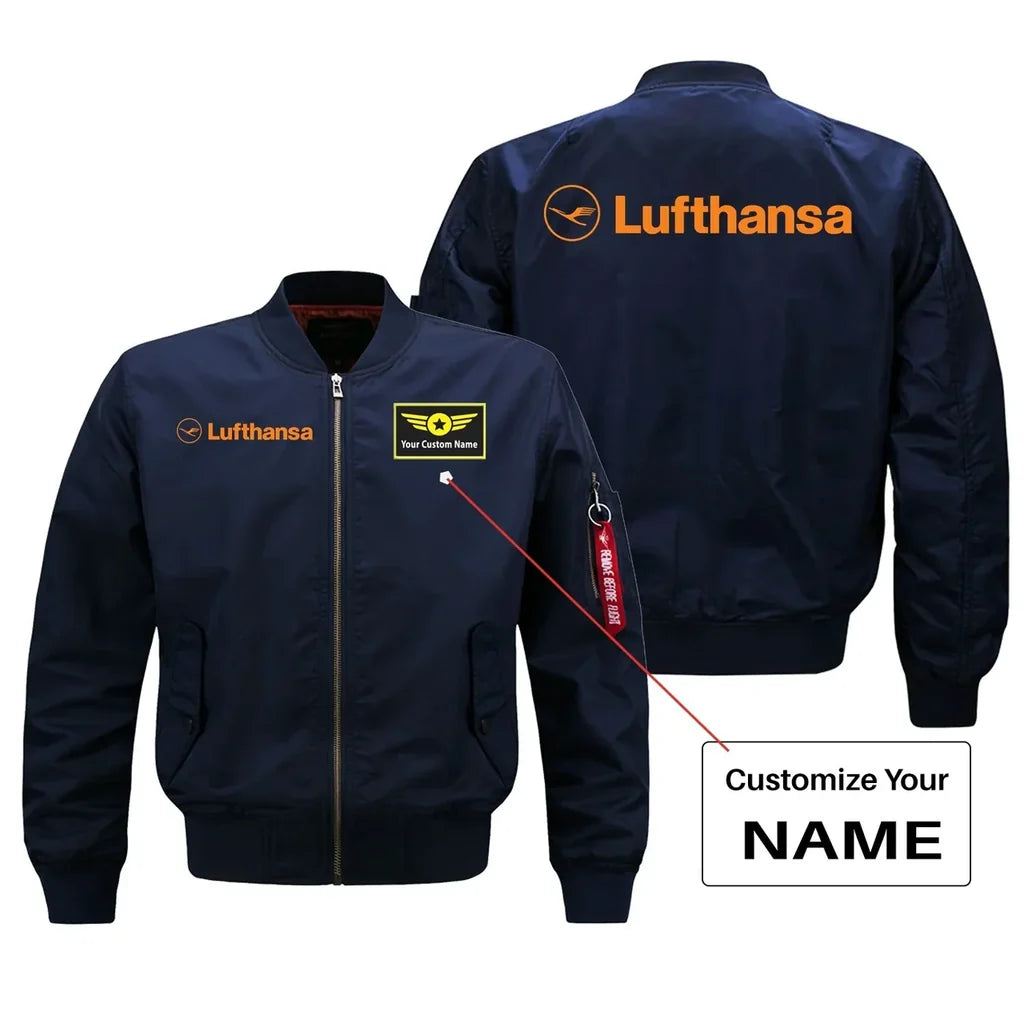 Lufthansa Airlines aviation design with custom name embroidered on blue bomber jacket