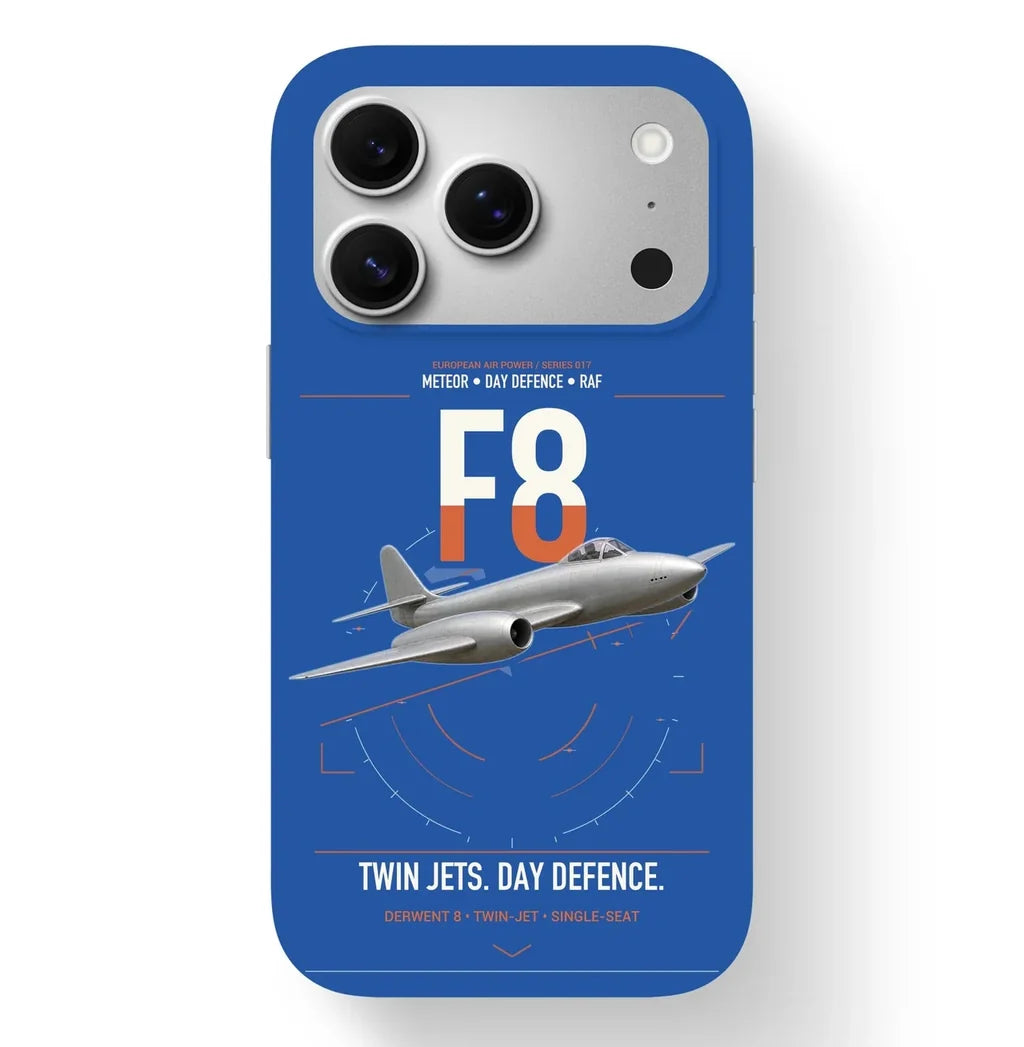 Gloster Meteor F8 design on blue magsafe iphone case, for iPhone 17 Pro