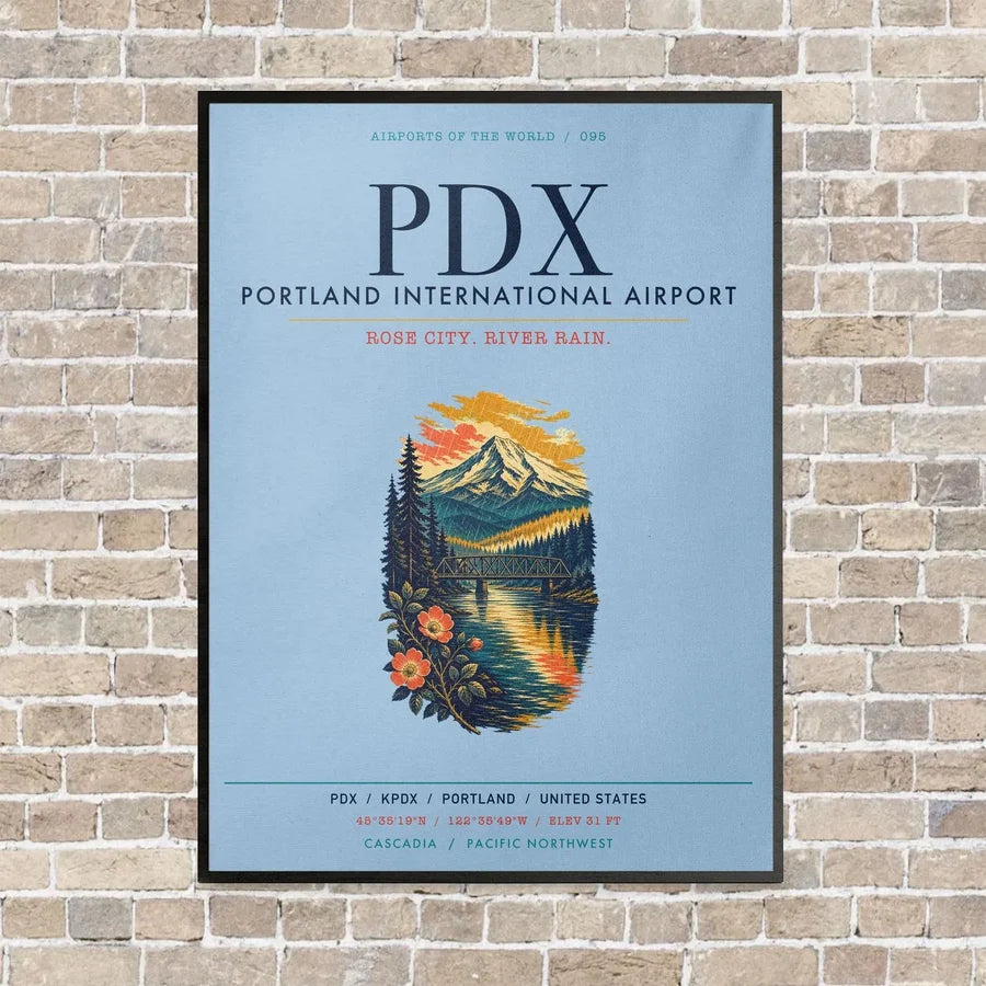 Portland International Airport PDX vertical canvas print - framed - light blue background