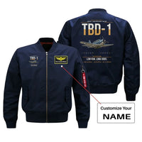 Thumbnail for TBD-1 Devastator design on blue+name bomber jacket, double-side print