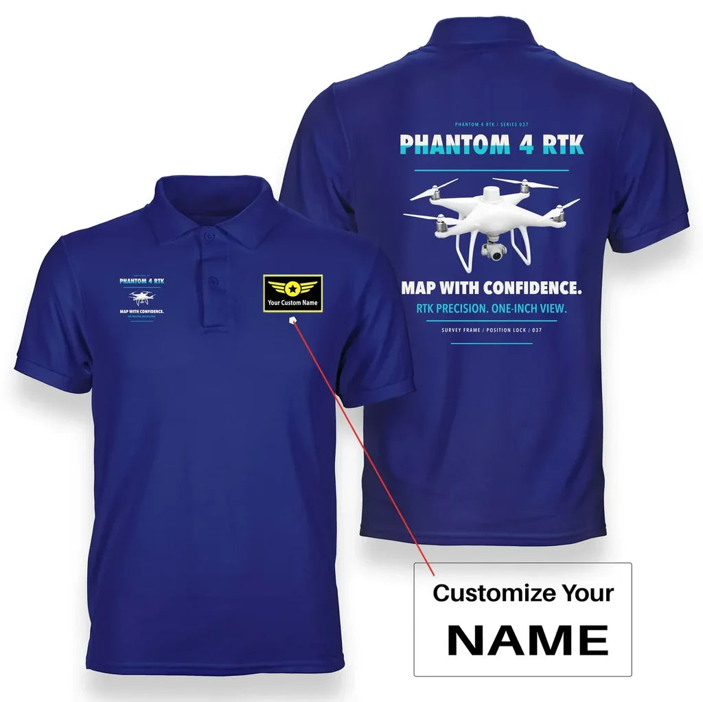 DJI Phantom 4 RTK design on blue polo with custom name badge