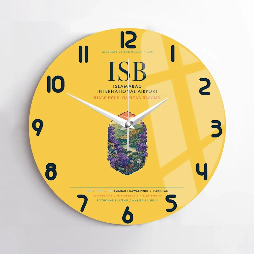 Islamabad International Airport (ISB) design on yellow no frame wall clock