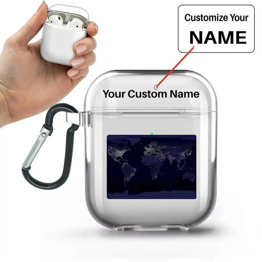 World Map From Space AirPods transparent case - With Buckle +Name