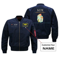 Thumbnail for Kemi-Tornio Airport (KEM) design on blue bomber jacket with custom name patch