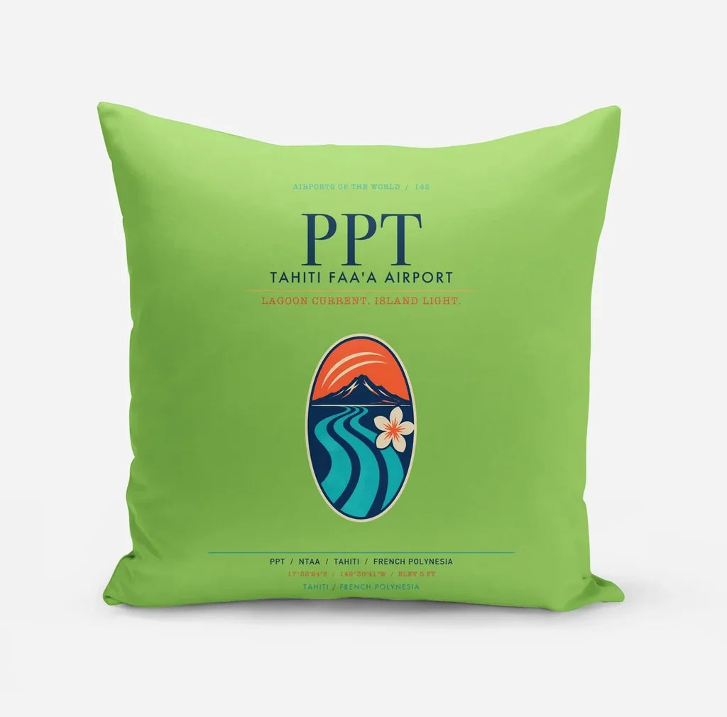 Tahiti Faa'a Airport (PPT) design on light green pillow