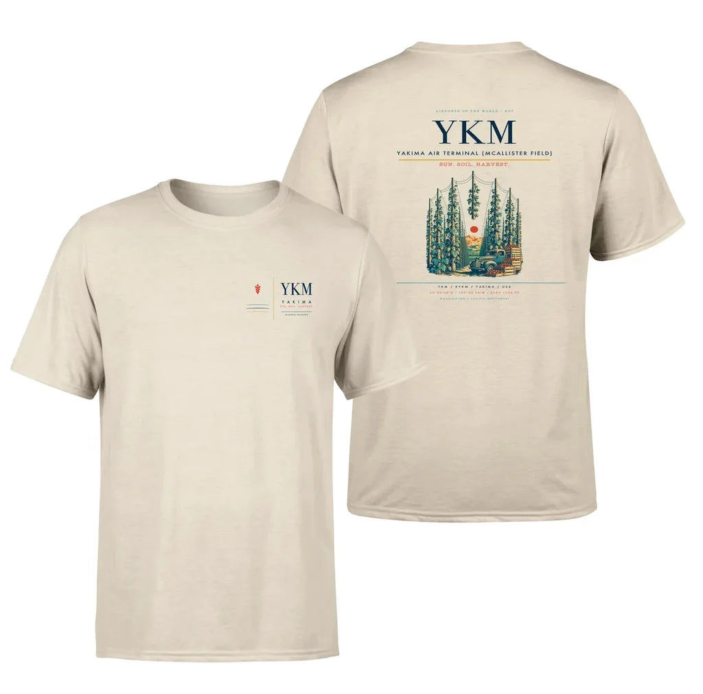 Yakima Air Terminal (McAllister Field) (YKM) design printed on beige double-side t-shirt