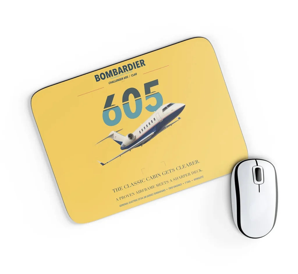 Bombardier Challenger 605 design on yellow rectangle mouse pad