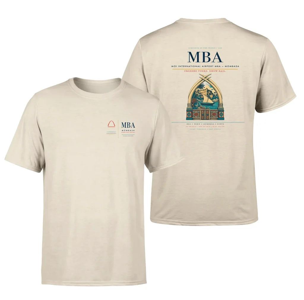 Moi International Airport (MBA) design printed on beige double-side t-shirt
