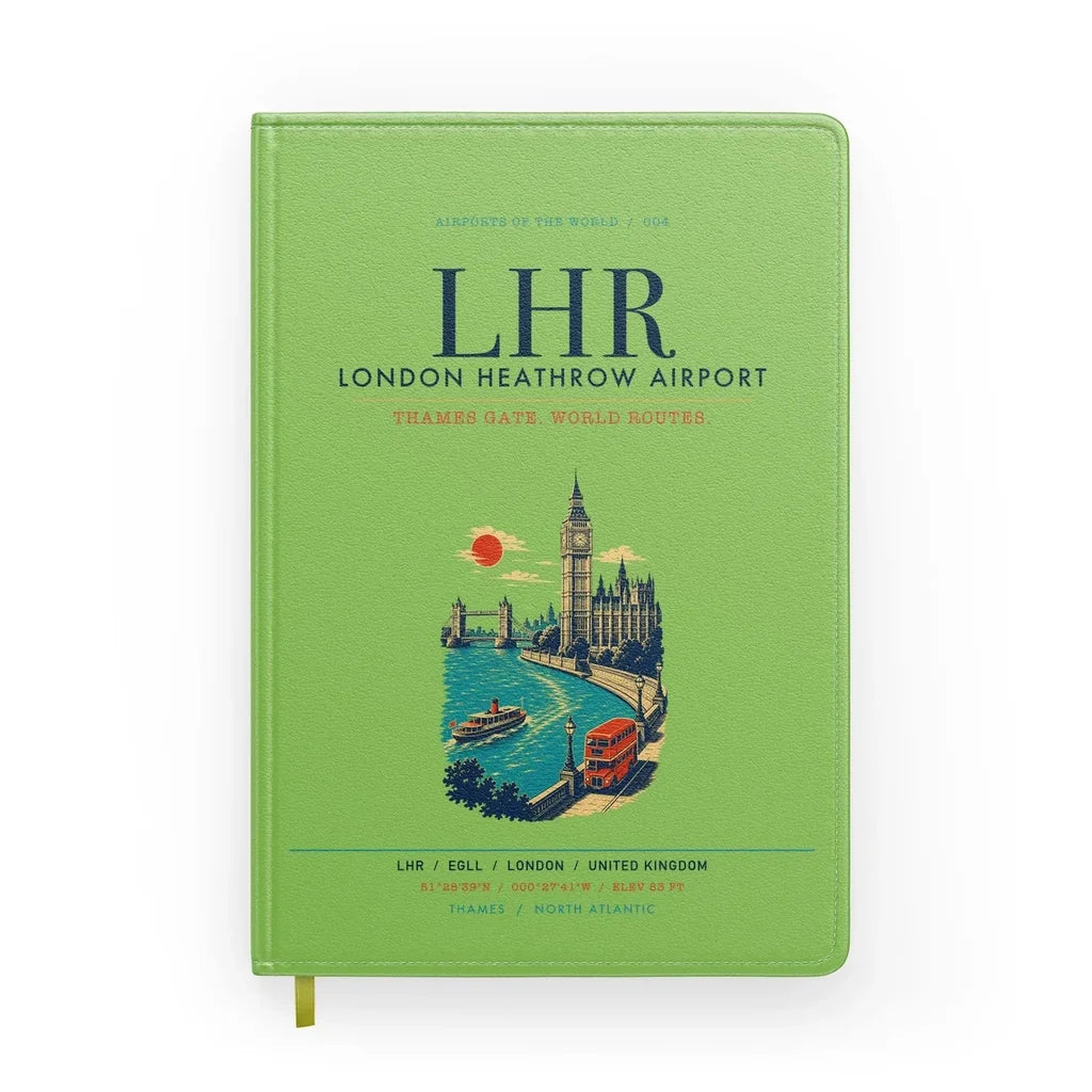 London Heathrow Airport (LHR) design on light green notebook