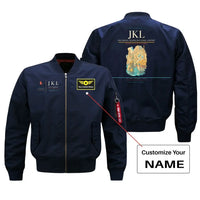 Thumbnail for Kalymnos Island National Airport (JKL) design on blue bomber jacket with custom name patch