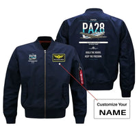 Thumbnail for Piper PA-28 Cherokee design on blue+name bomber jacket, double-side print