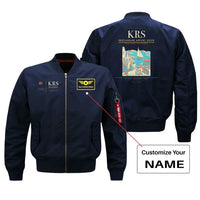 Thumbnail for Kristiansand Airport, Kjevik (KRS) design on blue bomber jacket with custom name patch