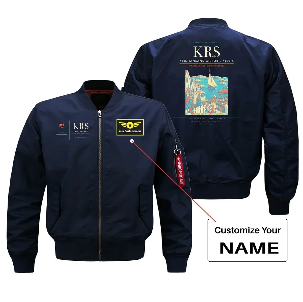 Kristiansand Airport, Kjevik (KRS) design on blue bomber jacket with custom name patch